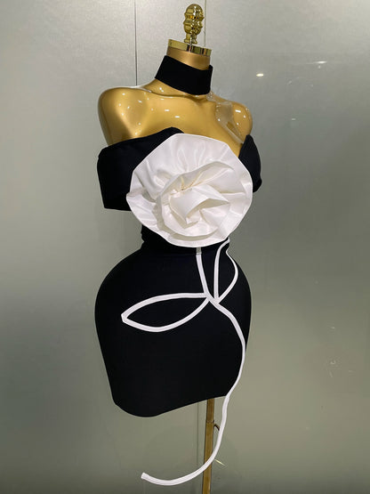 White Flower Black Mini Bodycon Bandage Dress