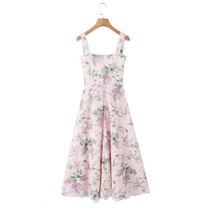 Floral Print Fishbone Waist Spaghetti Straps Dress