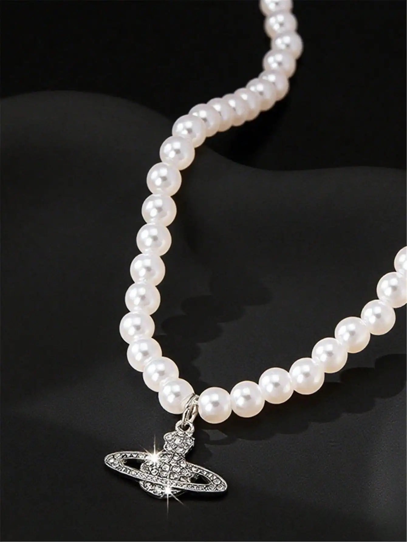 Pearl Bead Necklace with Rhinestone Planet-Style Pendant for Women