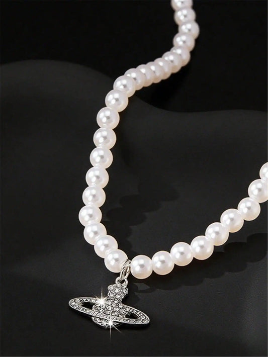 Pearl Bead Necklace with Rhinestone Planet-Style Pendant for Women