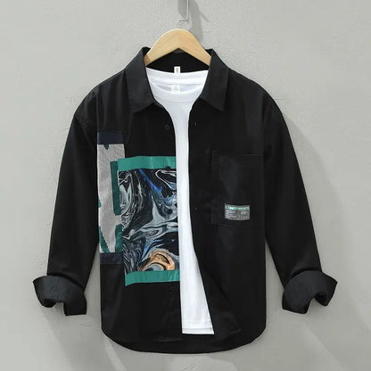 Spliced Square Collar Button Pocket Printed Shirt for Men