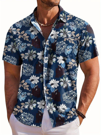 Hawaiian Botanical Flower Print Lapel Seaside Shirt