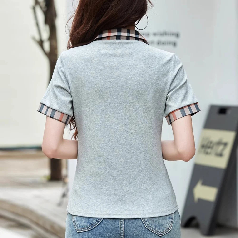 Polo Collar Checkered Short sleeved T-shirt Women's
