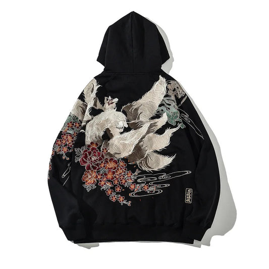 Fox Embroidery Black Hoodie for Men
