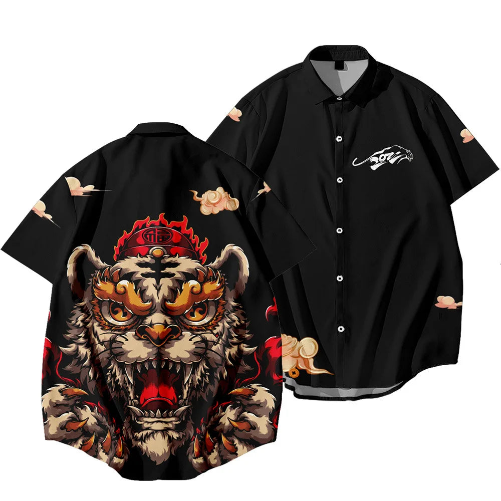 Black Dragon Tiger Print Ethnic Shirt