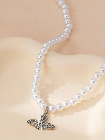 Pearl Bead Necklace with Rhinestone Planet-Style Pendant for Women