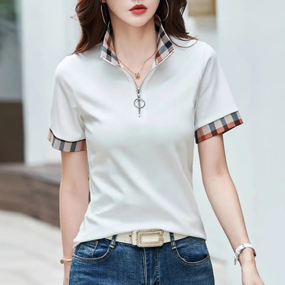 Polo Collar Checkered Short sleeved T-shirt Women's