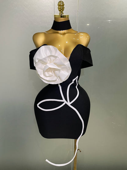 White Flower Black Mini Bodycon Bandage Dress