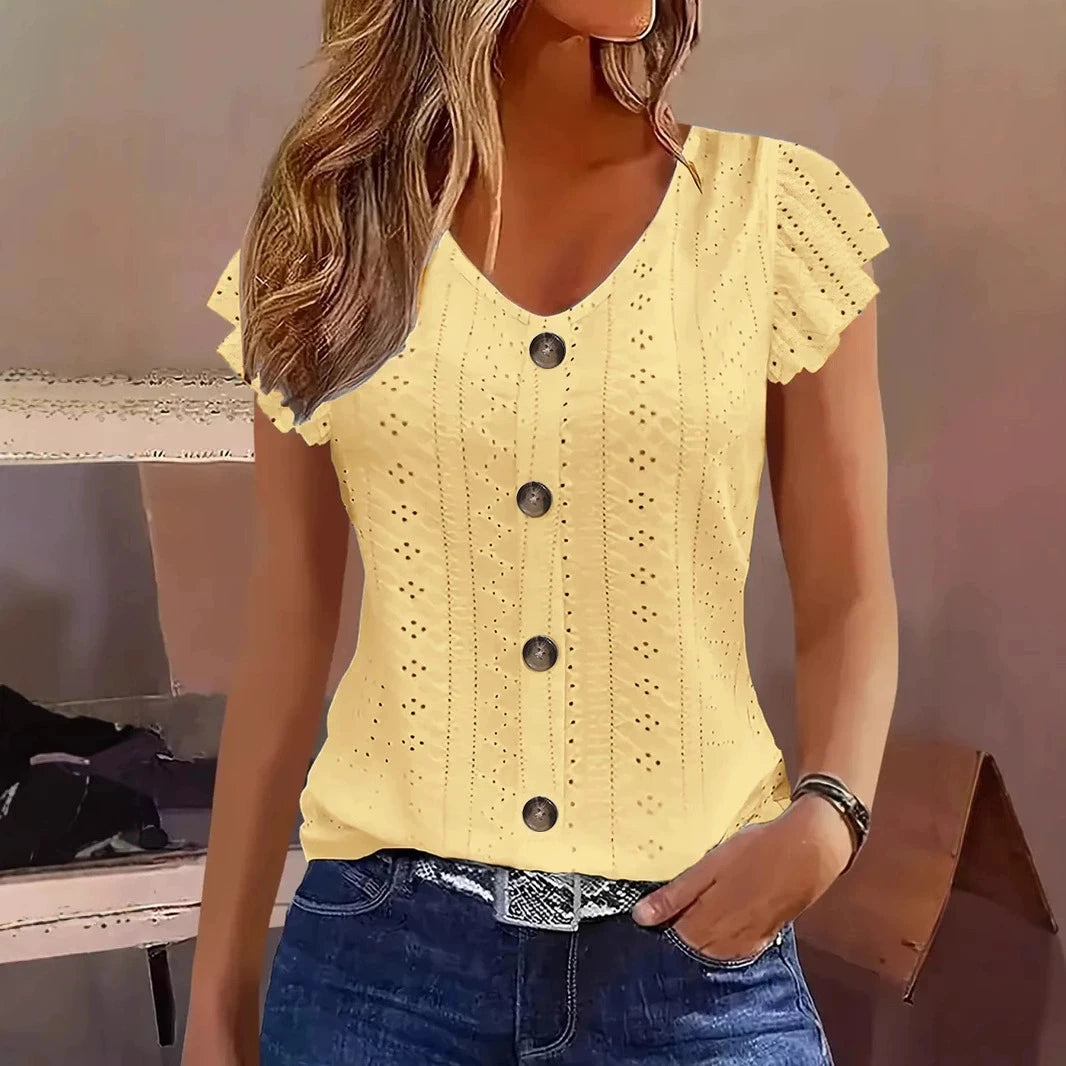 Ruffle sleeve V-neck T-shirt