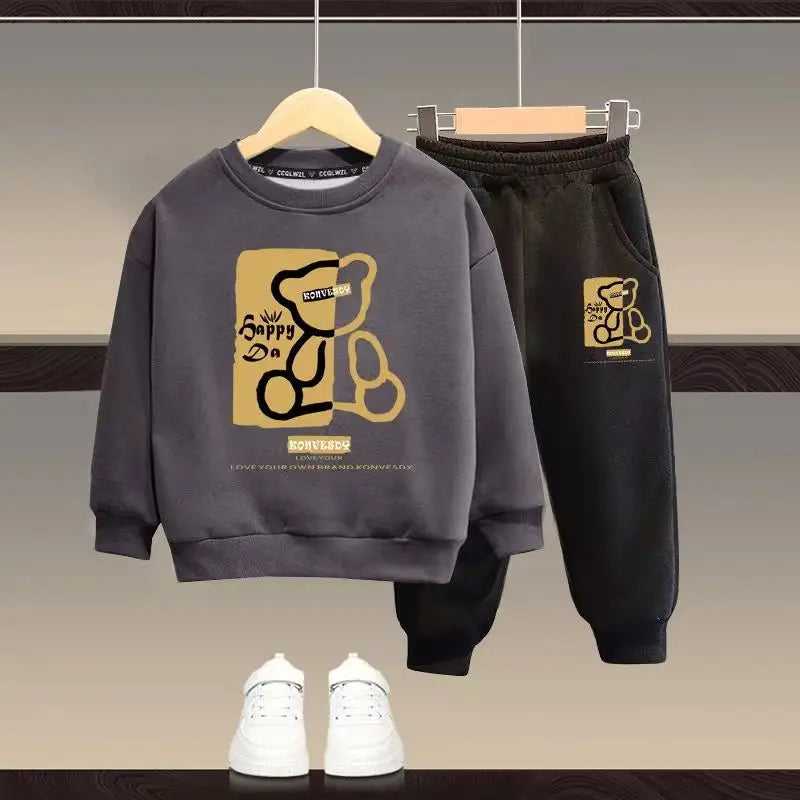 Cartoon Bear Printed Sweatshirt Pullover And Pants 2pcs Suit