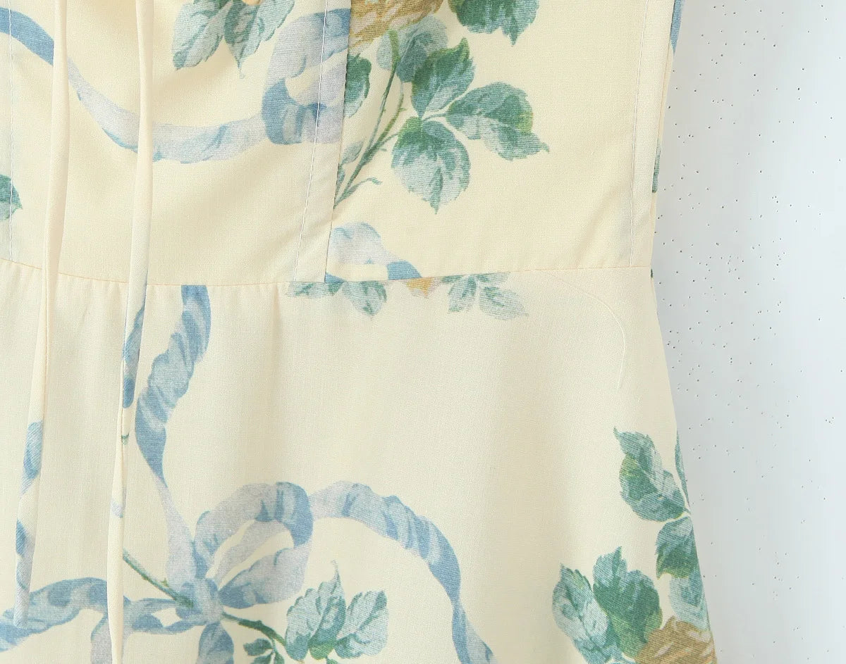 Floral Print Fishbone Waist Spaghetti Straps Dress