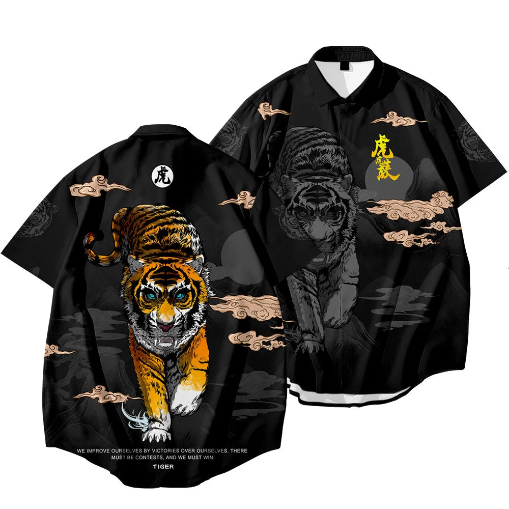 Black Dragon Tiger Print Ethnic Shirt