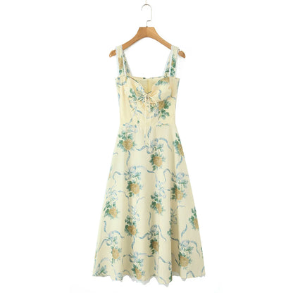 Floral Print Fishbone Waist Spaghetti Straps Dress