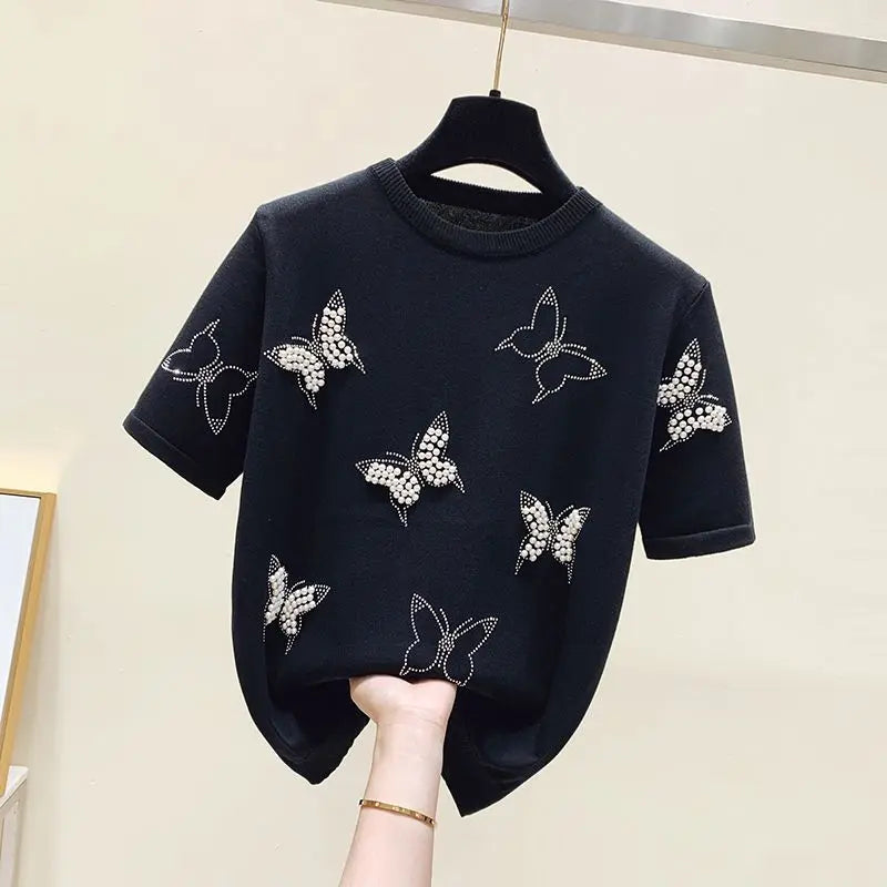 Chic Bow Knot Embroidered Flares T-shirt for Women