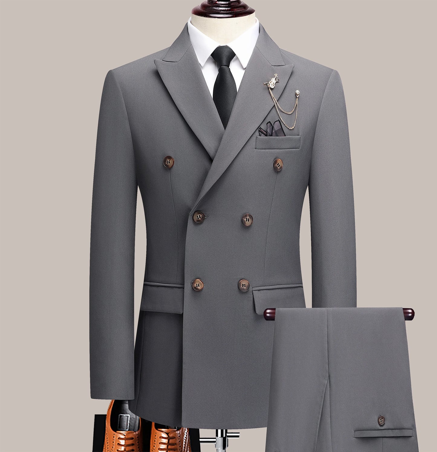Men's Solid Color Suit Two-Piece Set With Lapel Collar