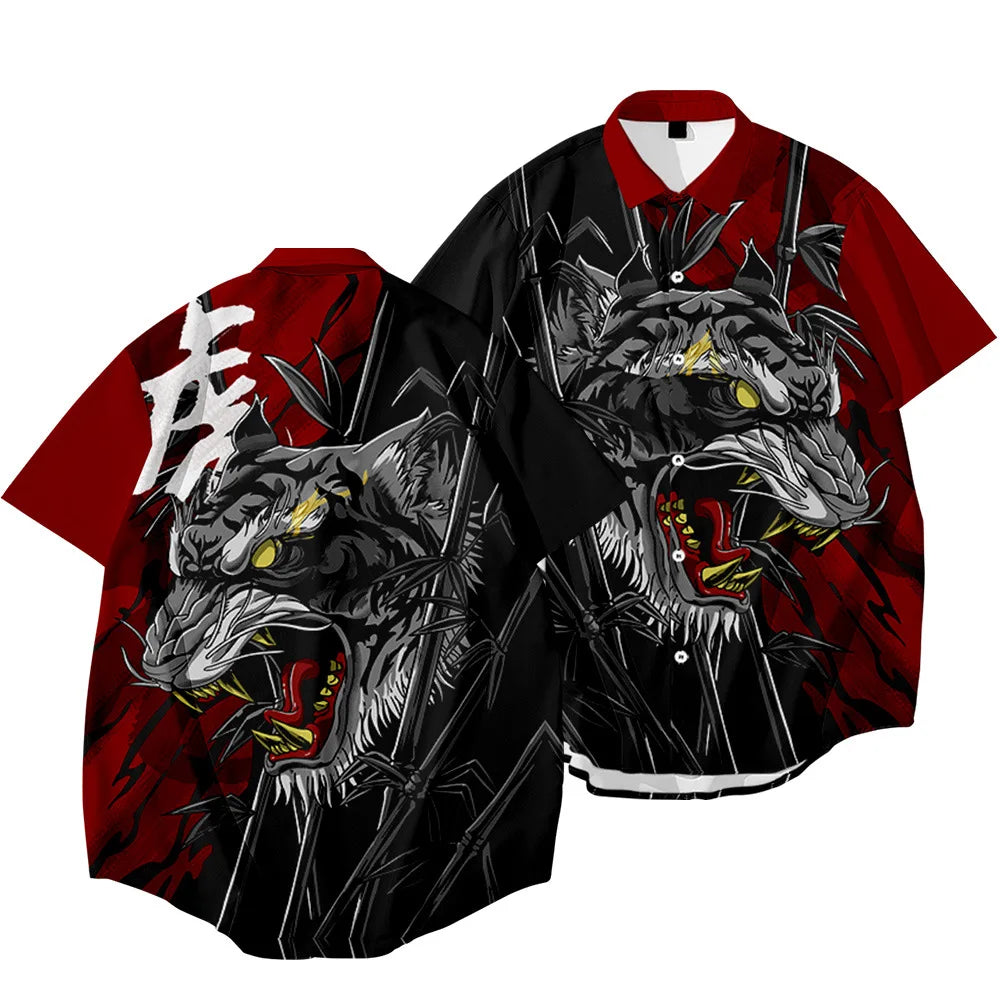 Black Dragon Tiger Print Ethnic Shirt