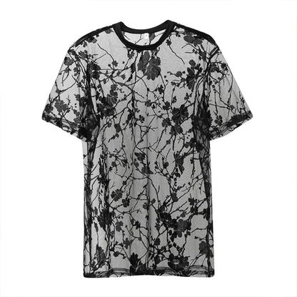 Hollow-Out O Neck Short Sleeve Tees Rose Printed  Knitwear for Men