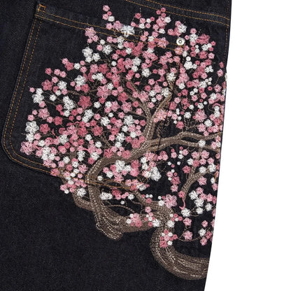 Cherry Blossom Selvedge Embroidery Denim Pants Unisex