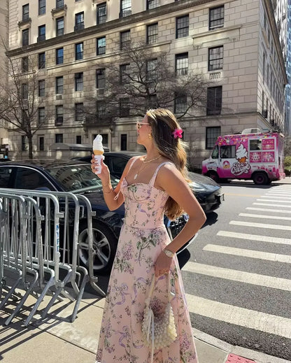 Floral Print Fishbone Waist Spaghetti Straps Dress