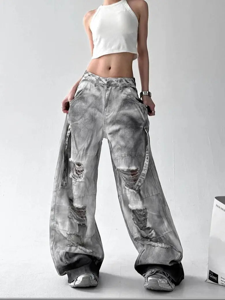 Women's Grey Ripped Jeans Cargo