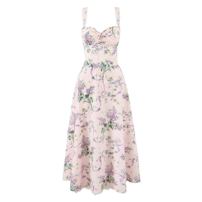 Floral Print Fishbone Waist Spaghetti Straps Dress