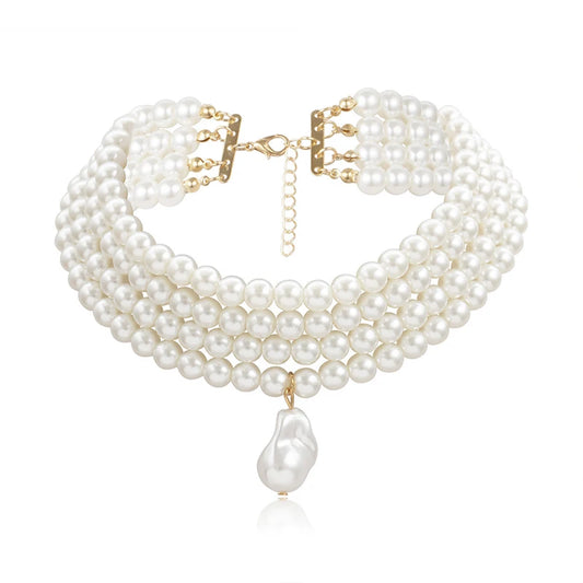 Classic Layered Strand Round Pearls Beads Necklace