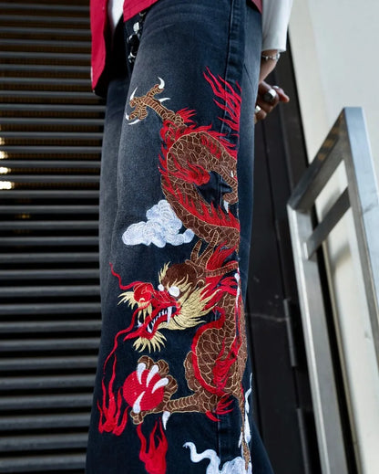 Graffiti Embroidery High Waist Men Jeans