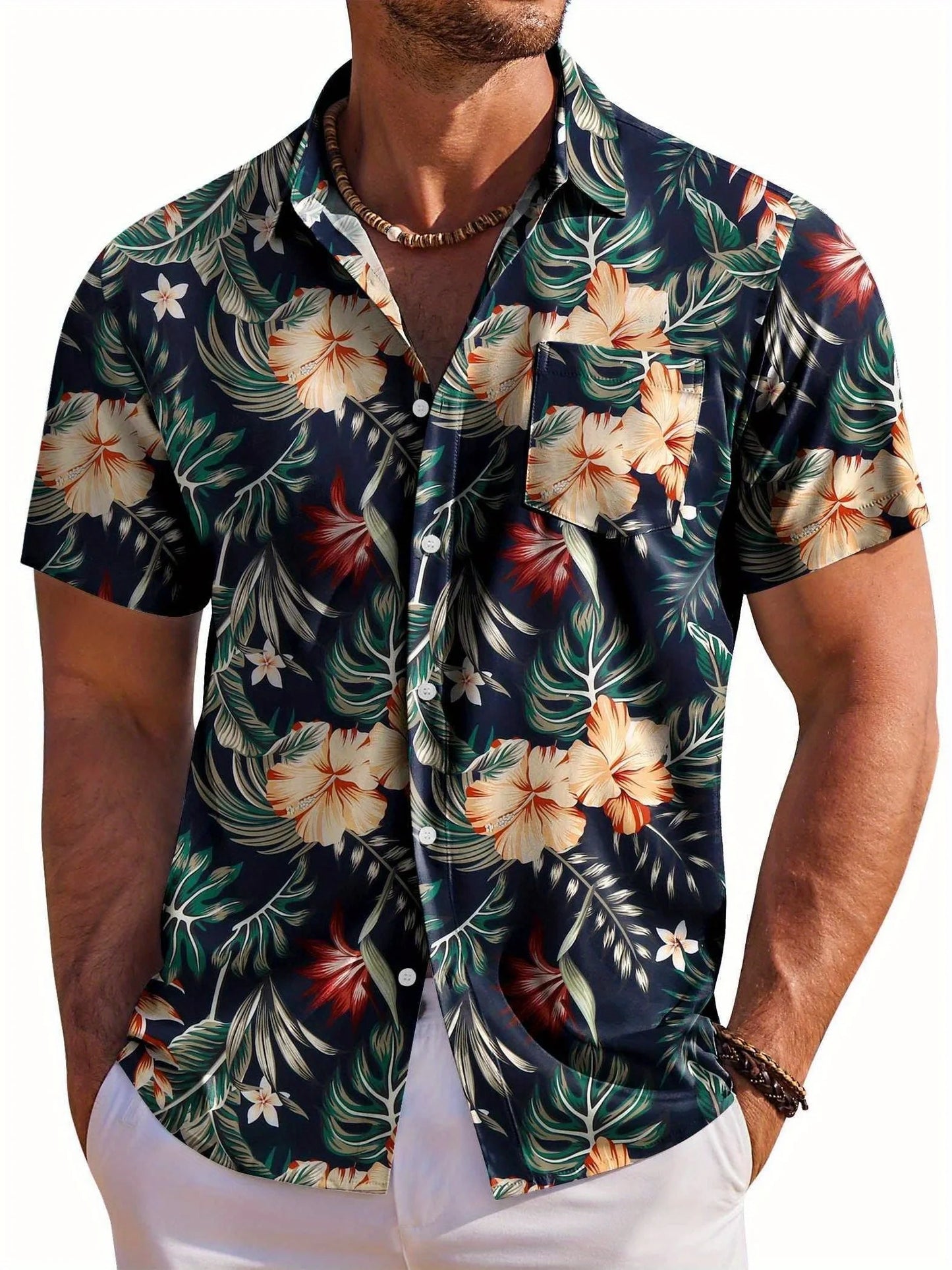 Hawaiian Botanical Flower Print Lapel Seaside Shirt