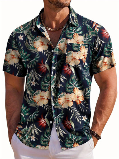 Hawaiian Botanical Flower Print Lapel Seaside Shirt