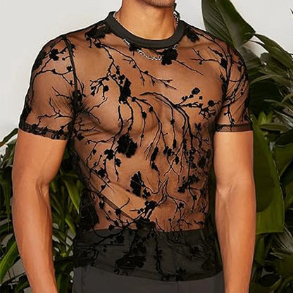 Hollow-Out O Neck Short Sleeve Tees Rose Printed  Knitwear for Men