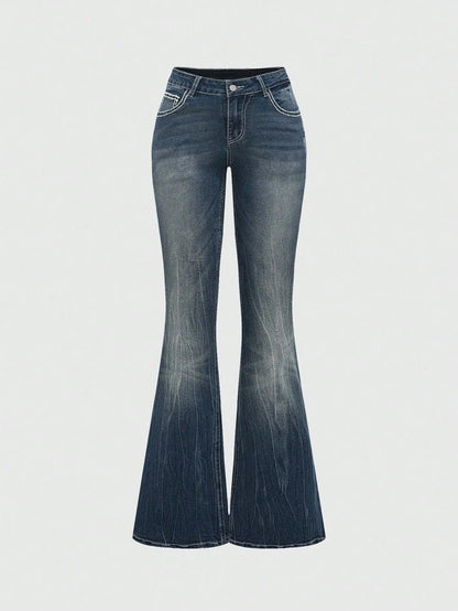 Retro Embroidered Cross Wing Flare Jeans for Women