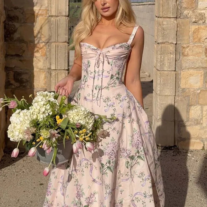 Floral Print Fishbone Waist Spaghetti Straps Dress