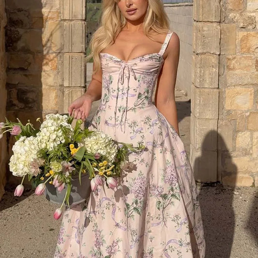 Floral Print Fishbone Waist Spaghetti Straps Dress