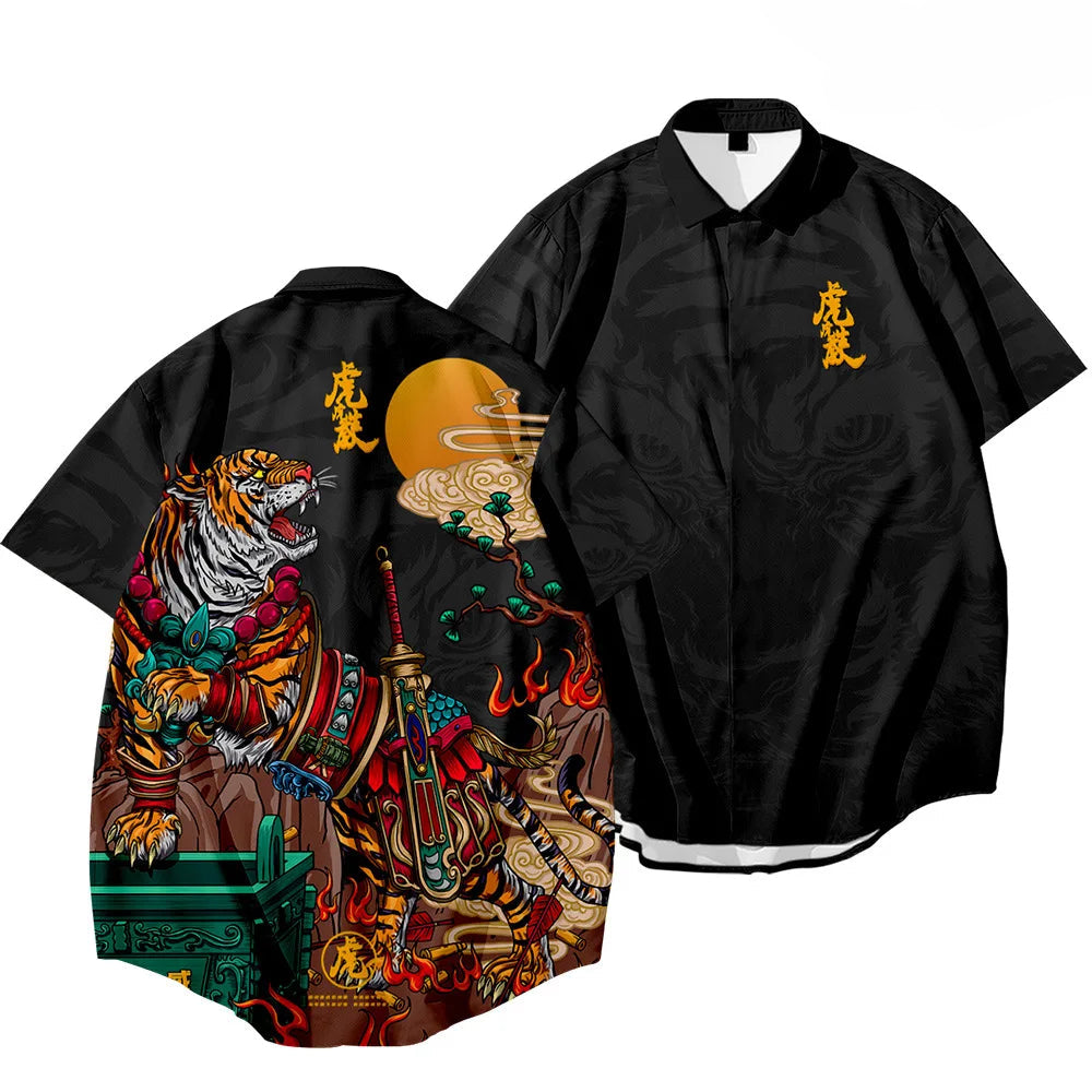 Black Dragon Tiger Print Ethnic Shirt