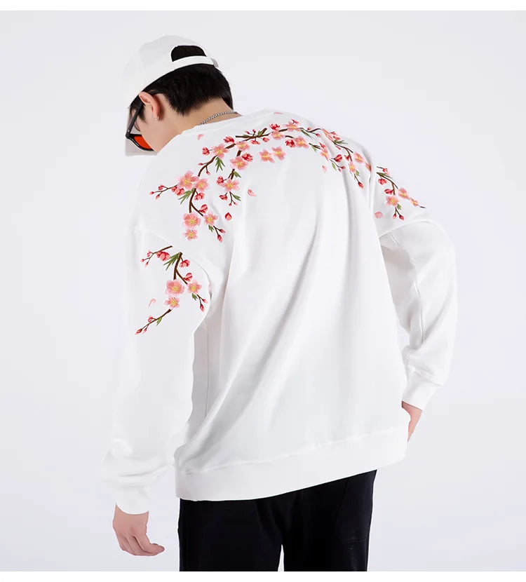 Vintage Flower Embroidery Sweatshirt Hoodies men