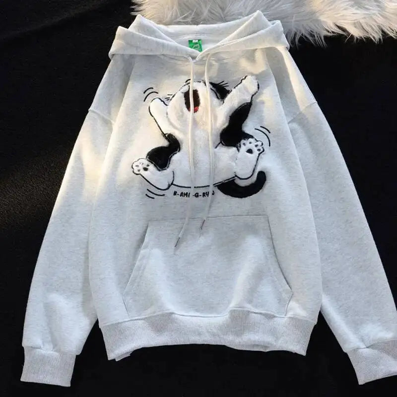 Flock Embroidery Cartoon Cat Patchwork Hoodies for women