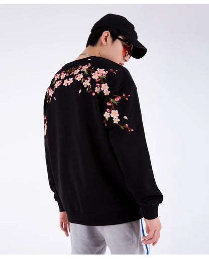 Vintage Flower Embroidery Sweatshirt Hoodies men