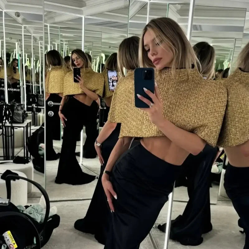 Capelet Shiny Tweed Shoulder Top