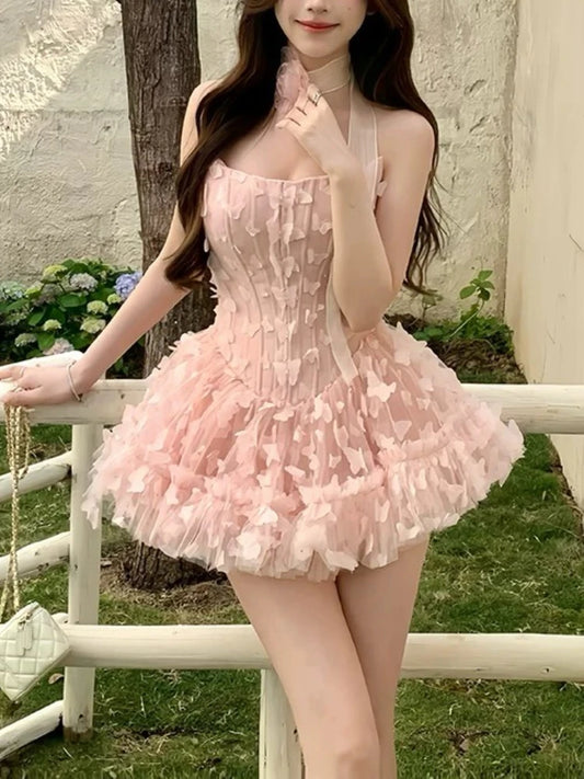 French Elegant Sweet Pink Fairy Dress Women