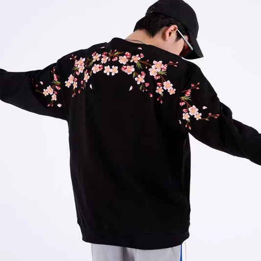 Vintage Flower Embroidery Sweatshirt Hoodies men