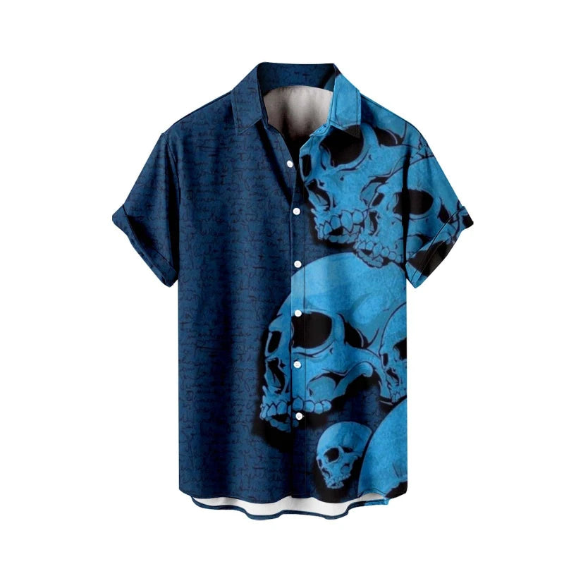 Skeleton Skull Print Short Sleeve Button Down Shirt for Men