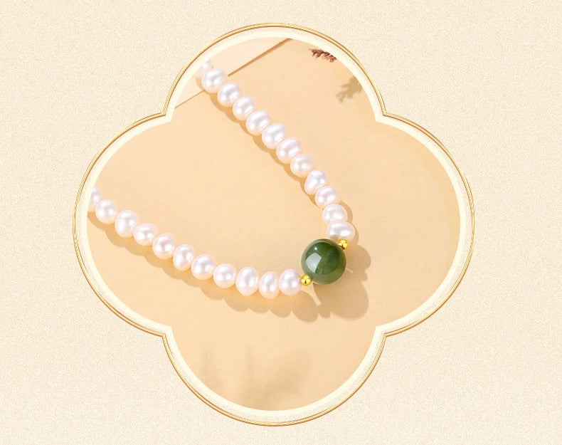 Pearl Chain Choker Green Beads Freshwater Necklace