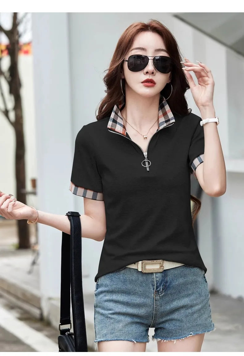 Polo Collar Checkered Short sleeved T-shirt Women's