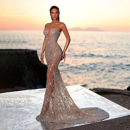 Dubai Illusion Sleeveless Sequins Crystal  Gown