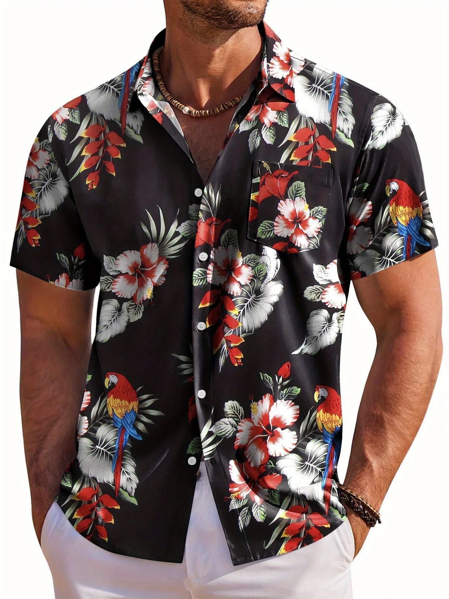 Hawaiian Botanical Flower Print Lapel Seaside Shirt