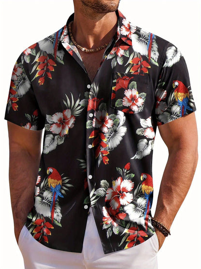 Hawaiian Botanical Flower Print Lapel Seaside Shirt