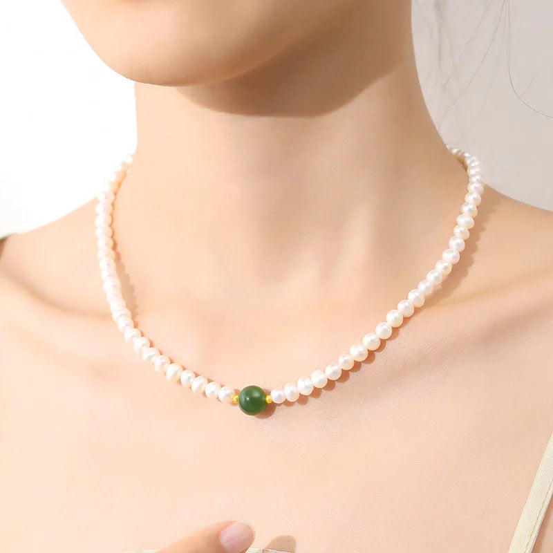 Pearl Chain Choker Green Beads Freshwater Necklace