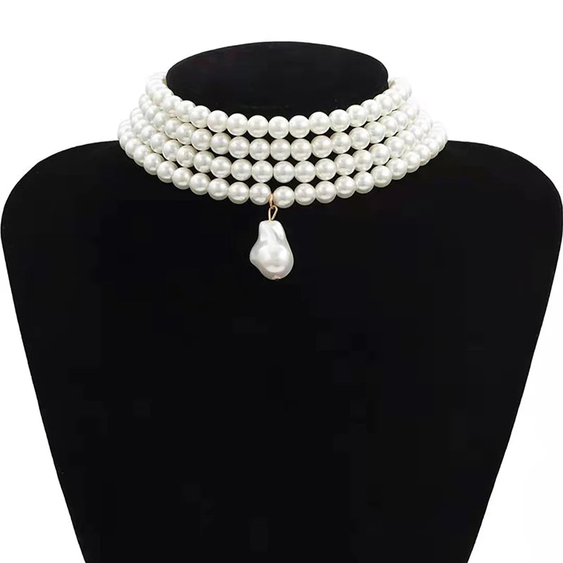 Classic Layered Strand Round Pearls Beads Necklace