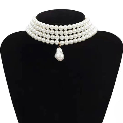 Classic Layered Strand Round Pearls Beads Necklace