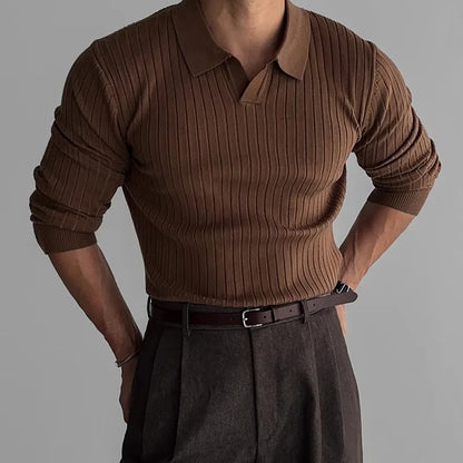 Retro Knit Lapel Striped Polo Shirt for Men